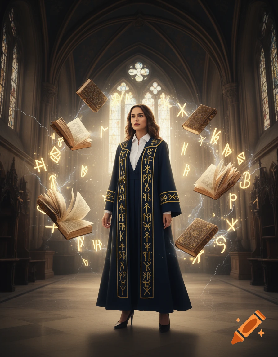 A woman professor in a dark academic gown stands in a grand gothic hall with stained-glass windows, surrounded by floating spellbooks and glowing magical runes, in a photorealistic style.