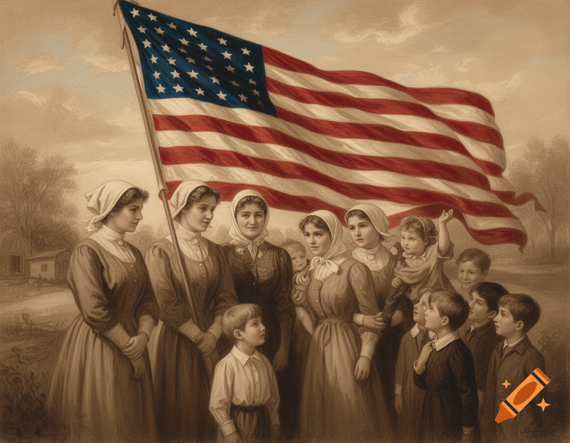 A sepia-toned vintage painting shows women and children in historical attire gathered around a large American flag.