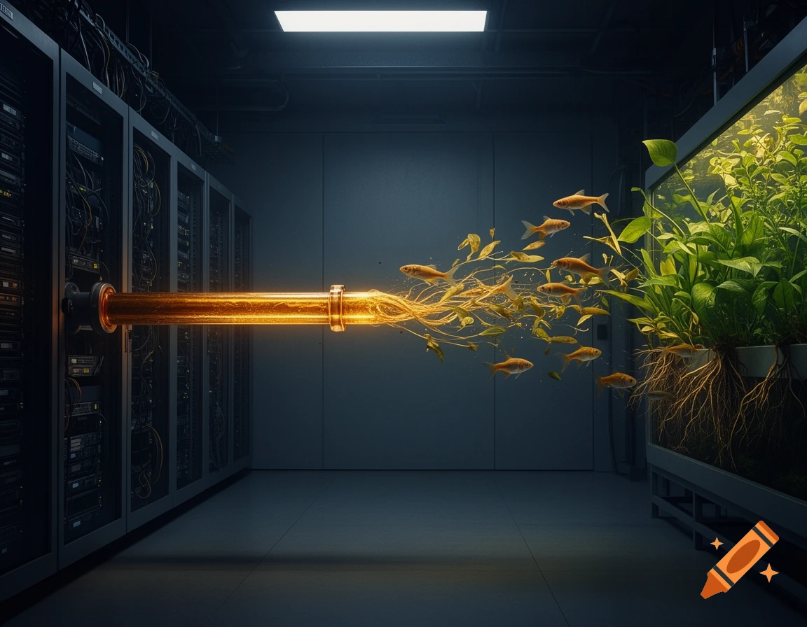 A glowing pipe in a dark server room emits fish and aquaponic plants into a lush tank, blending industrial and organic themes.