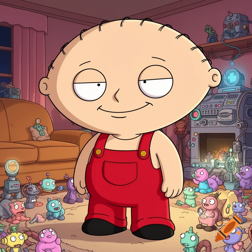 Cartoon Stewie Griffin stands smiling in a cluttered room filled with toys and inventions.