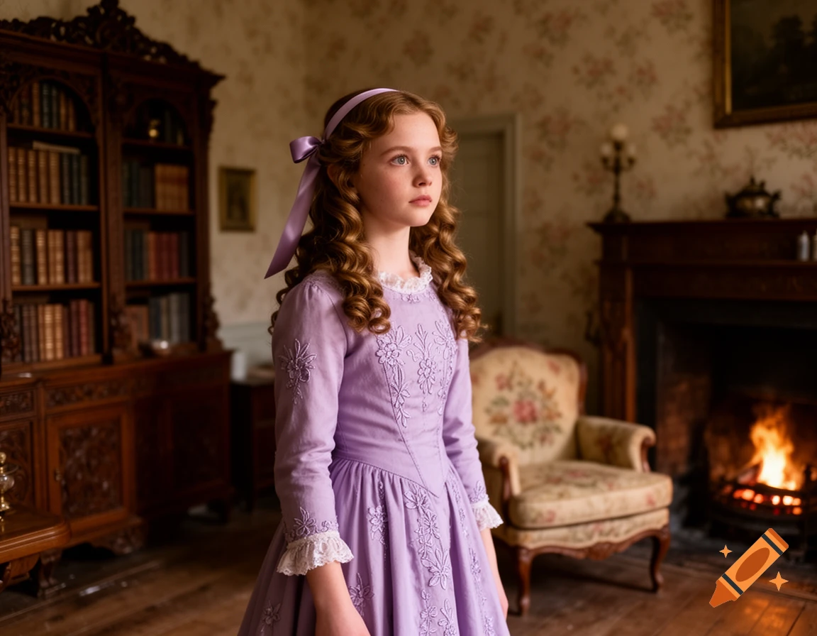 A young girl with long curly hair and a lavender dress with embroidery stands in a period room with a fireplace and bookshelf.