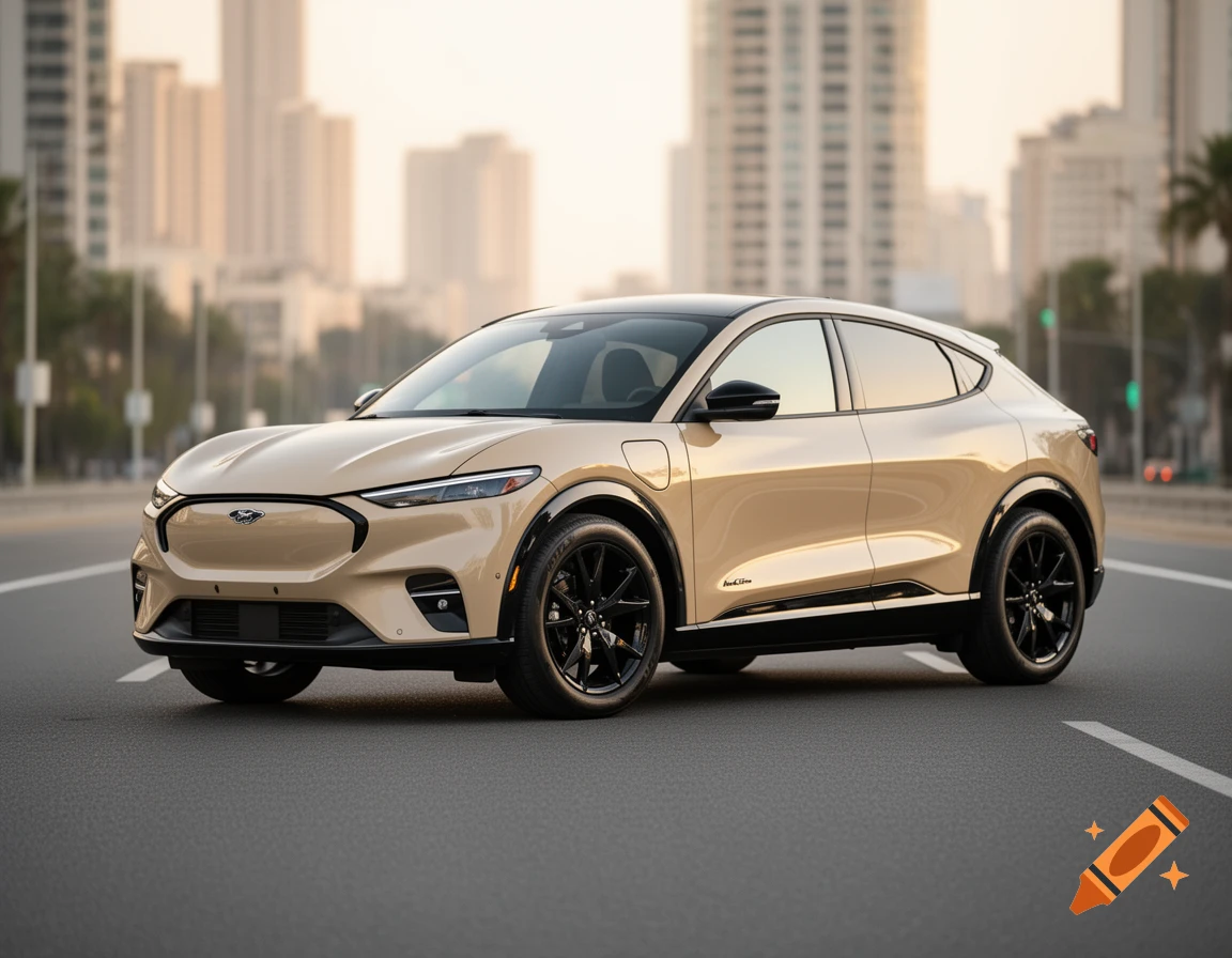 A sand-colored Ford Mach-E electric SUV with black rims is parked on a city street, with buildings in the blurred background.