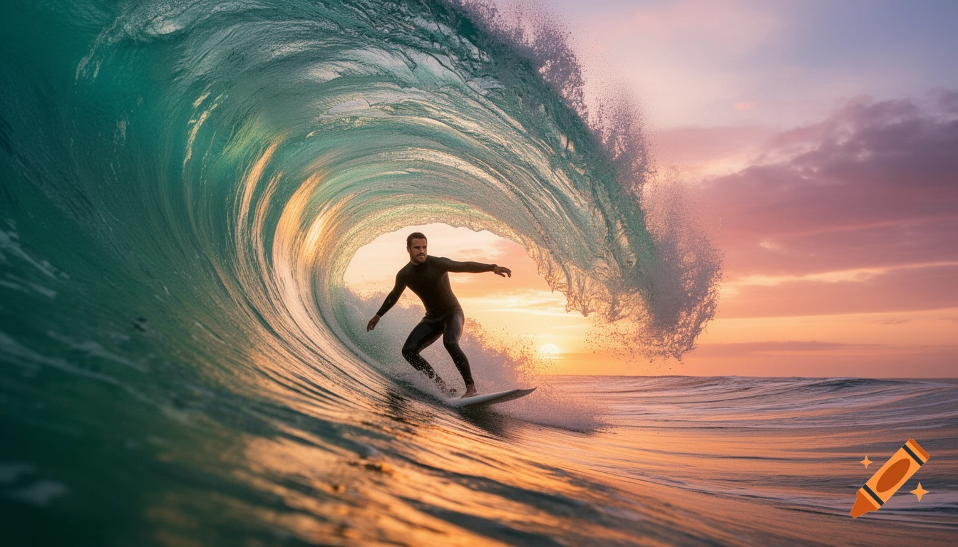 A surfer in a dark wetsuit rides inside a large, barreling ocean wave as the sun sets, casting warm light.