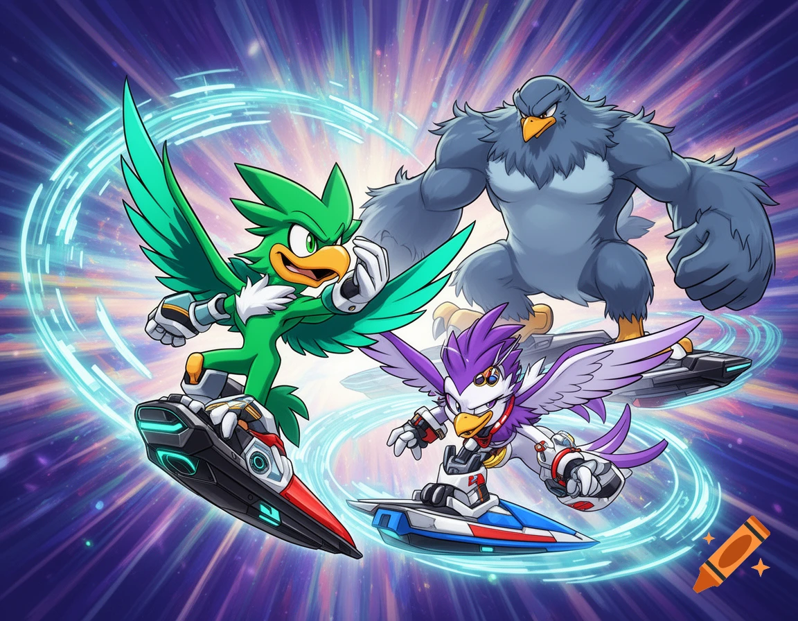 Jet the Hawk, Wave the Swallow, and Storm the Albatross ride hoverboards on a purple-blue background with light trails in a vibrant anime style.