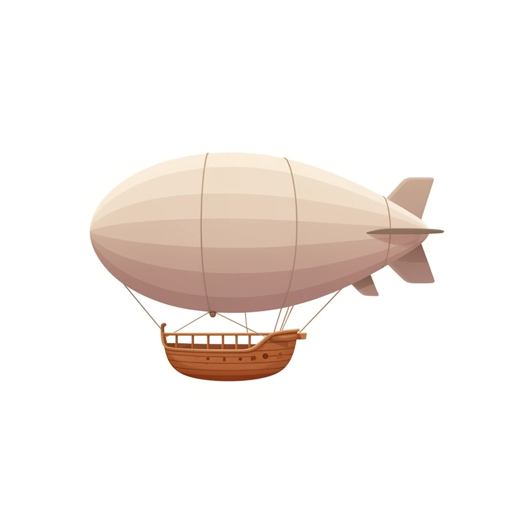 contemporary 2D stock illustration, clean simplified natural forms, flat color areas with gentle soft gradient shading, rounded believable proportions, restrained detail, no outer outlines, no texture or grain, non-photorealistic. A fantasy airship as a standalone cutout asset, centered on a pure white background, shown in a clear side view. One large rounded balloon-envelope above, a compact wooden gondola hanging below, two simple fin-rudders at the rear, and a few rigging ropes tying the balloon to the gondola. The whole airship is one connected object with a single readable silhouette. Palette-disciplined colors with one dominant balloon color, warm wood neutrals on the gondola, and one small accent. Clear readable silhouette with comfortable padding, no cast shadow, no floor shadow, no extra scenery, no text.