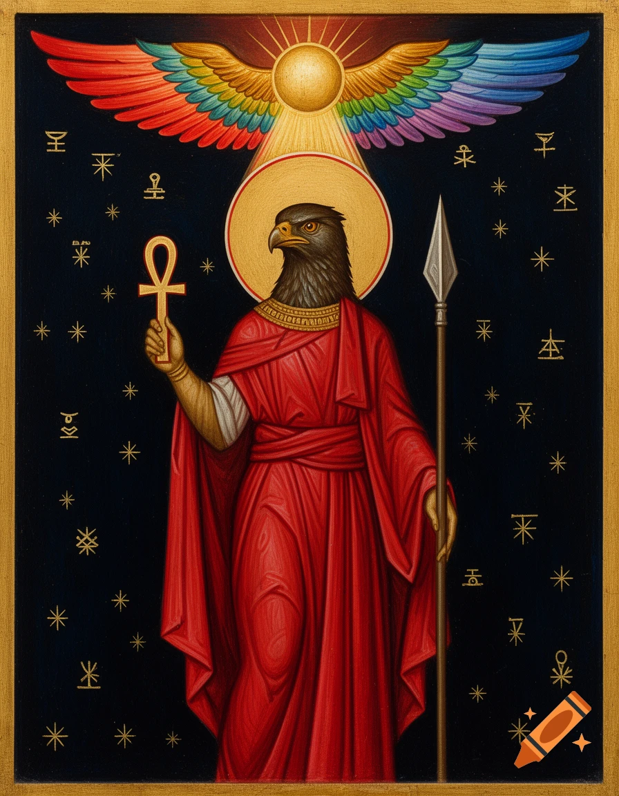 Byzantine icon style painting of a falcon-headed god in scarlet robes, holding an ankh and a spear, with a rainbow-winged solar disk above its head and gold symbols on a dark background.