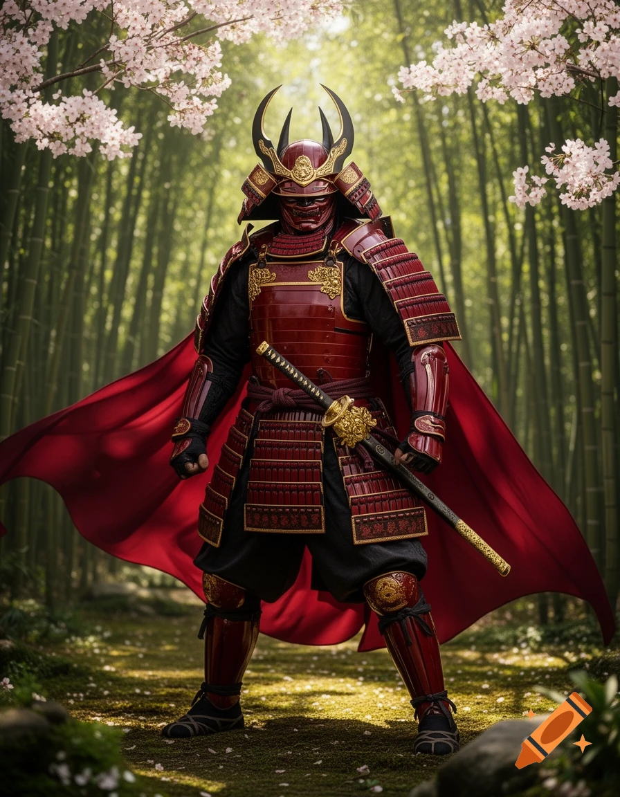 A samurai in elaborate red and gold armor, holding a katana, stands in a bamboo forest with cherry blossoms overhead.