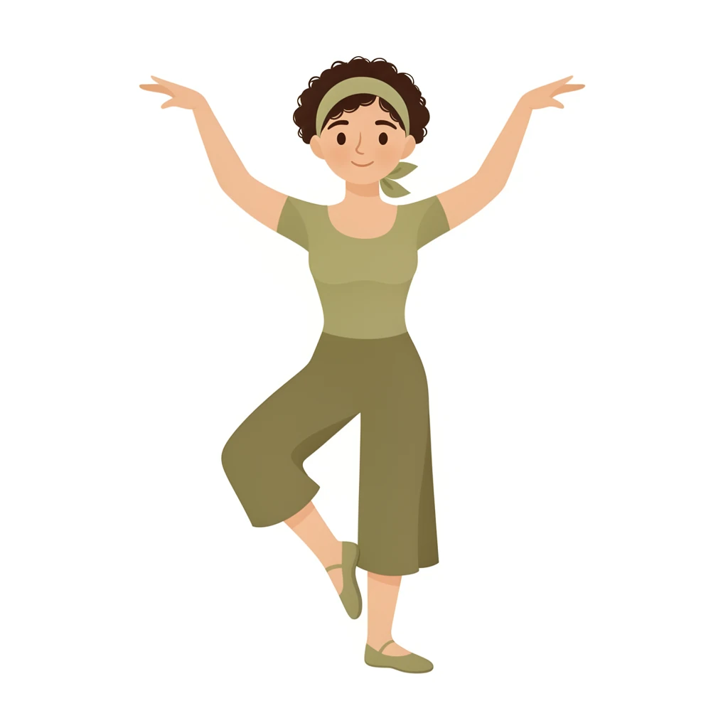 contemporary 2D stock illustration, clean simplified natural forms, flat color areas with gentle soft gradient shading, rounded believable proportions, restrained detail, no outer outlines, no texture or grain, non-photorealistic. A dancer in a balanced mid-step pose with arms softly raised, full body, centered on a pure white background. Palette-disciplined colors: one dominant clothing color, one or two harmonizing secondary colors, neutrals where appropriate, and one small accent. Light olive skin, short curly hair, fitted dance top, flowing cropped pants, soft shoes, small hair scarf. Friendly visible face: two clearly drawn eyes, a simple small nose, and a soft mouth — face features must always be drawn, never omitted, never blank. Clear readable silhouette with comfortable padding, no cast shadow, no floor shadow, no extra scenery.