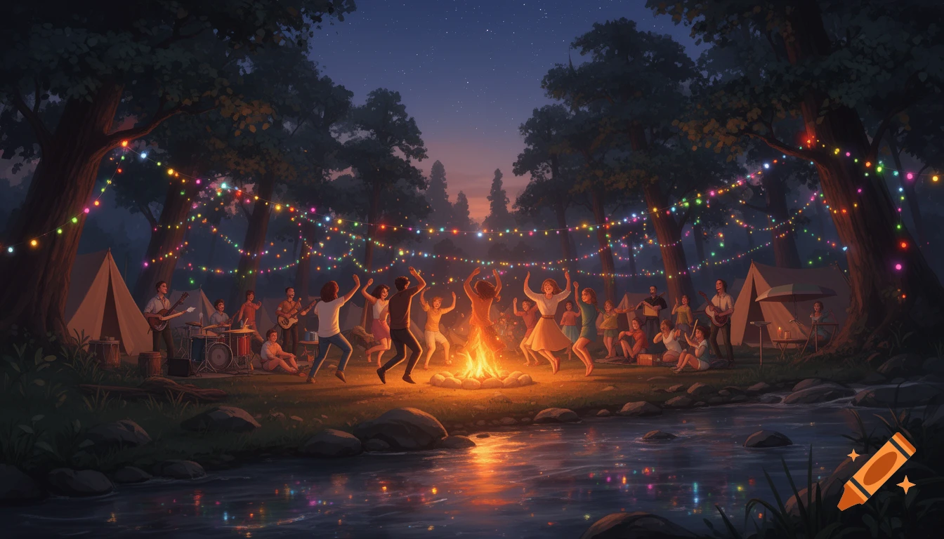 Stylized illustration of people dancing and a band playing around a campfire at a riverbank campsite under colorful string lights.