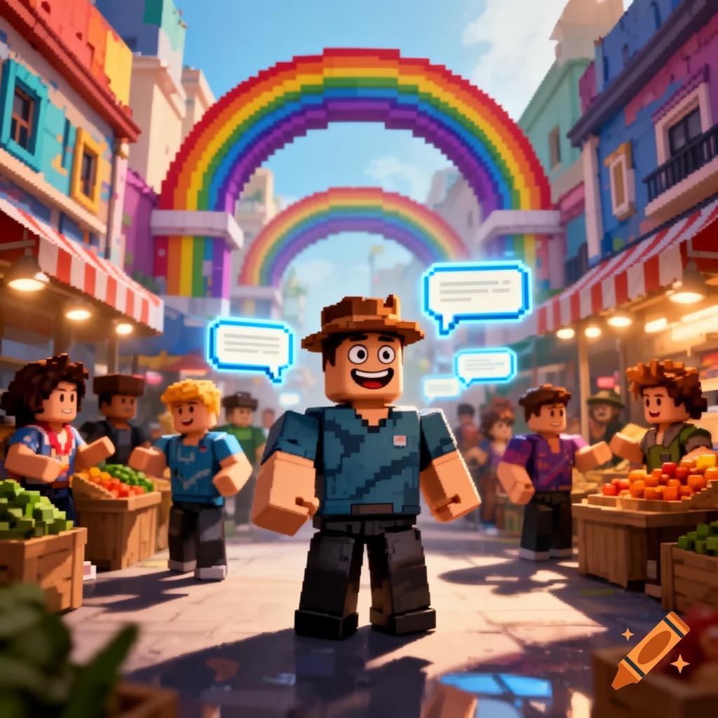 Carl the NPC from Roblox stands in a blocky, pixelated market with other NPCs and speech bubbles, under pixelated rainbow arches.