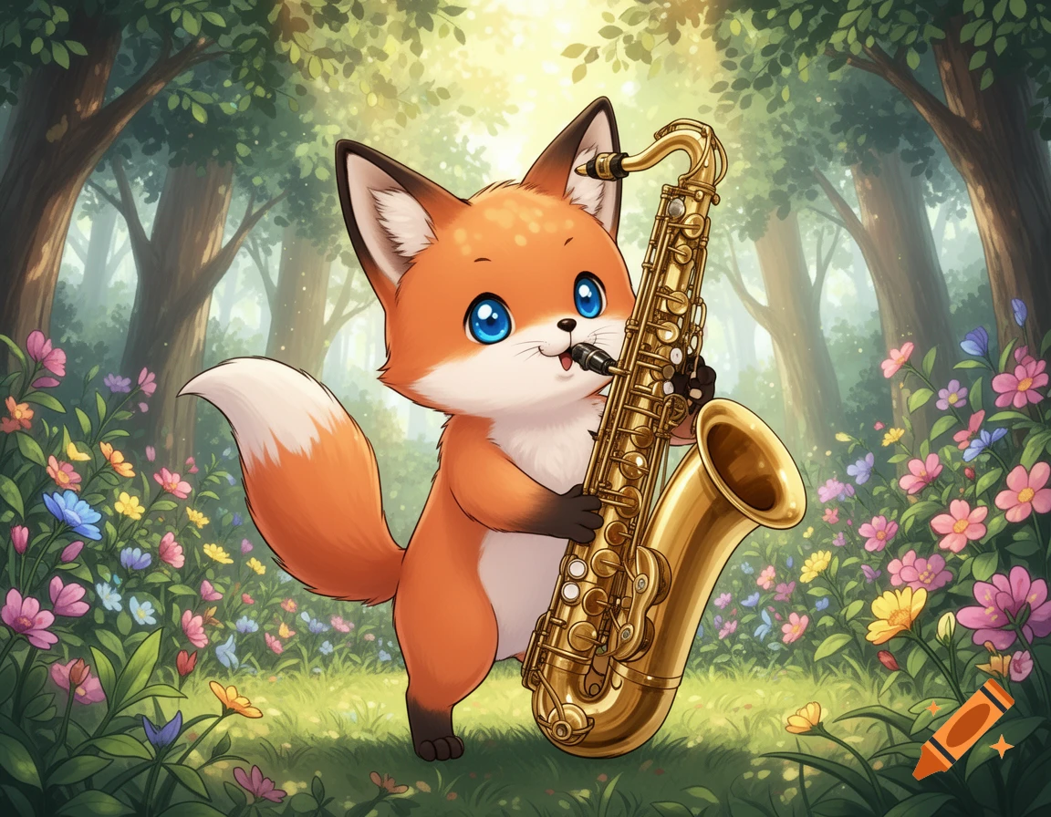 A cute, cartoonish baby fox with big blue eyes playing a golden saxophone in a vibrant, flower-filled forest.