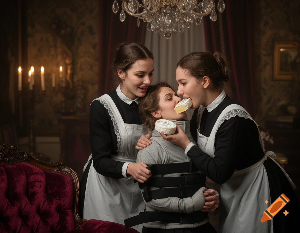 Two young maids force-feed cheese to a woman in a straitjacket in a richly decorated, dimly lit room.