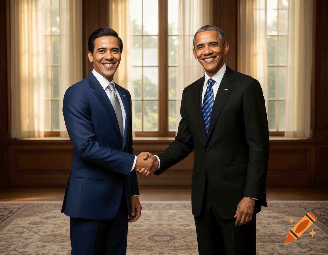 Barack Obama and another man in suits shake hands, smiling in a formal room with large windows and a patterned rug.