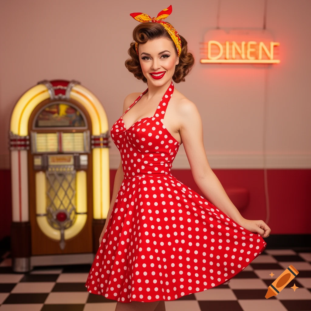 A smiling woman in a red polka dot pin-up dress and yellow bandana stands in a retro diner with a jukebox.