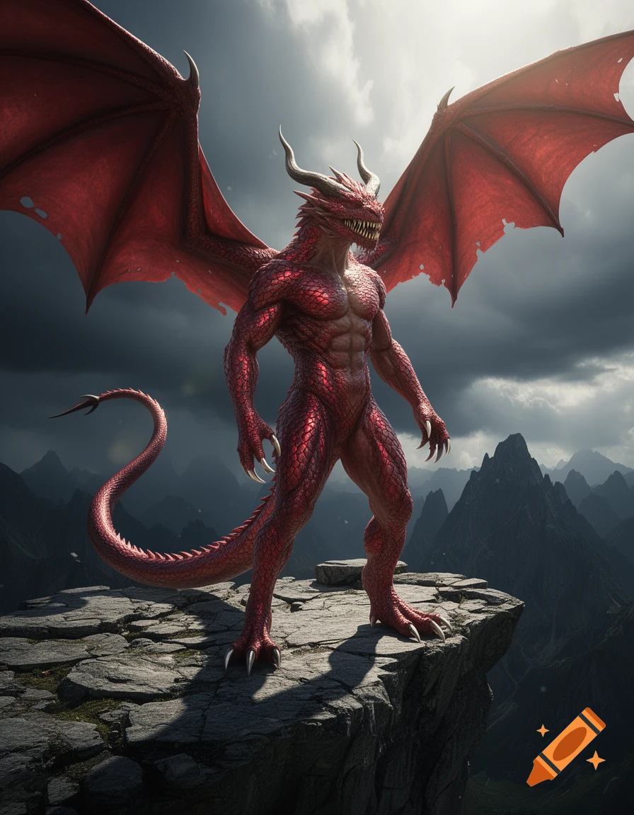 A muscular, red humanoid dragon with large wings and a tail stands on a rocky cliff overlooking a dark, mountainous landscape.