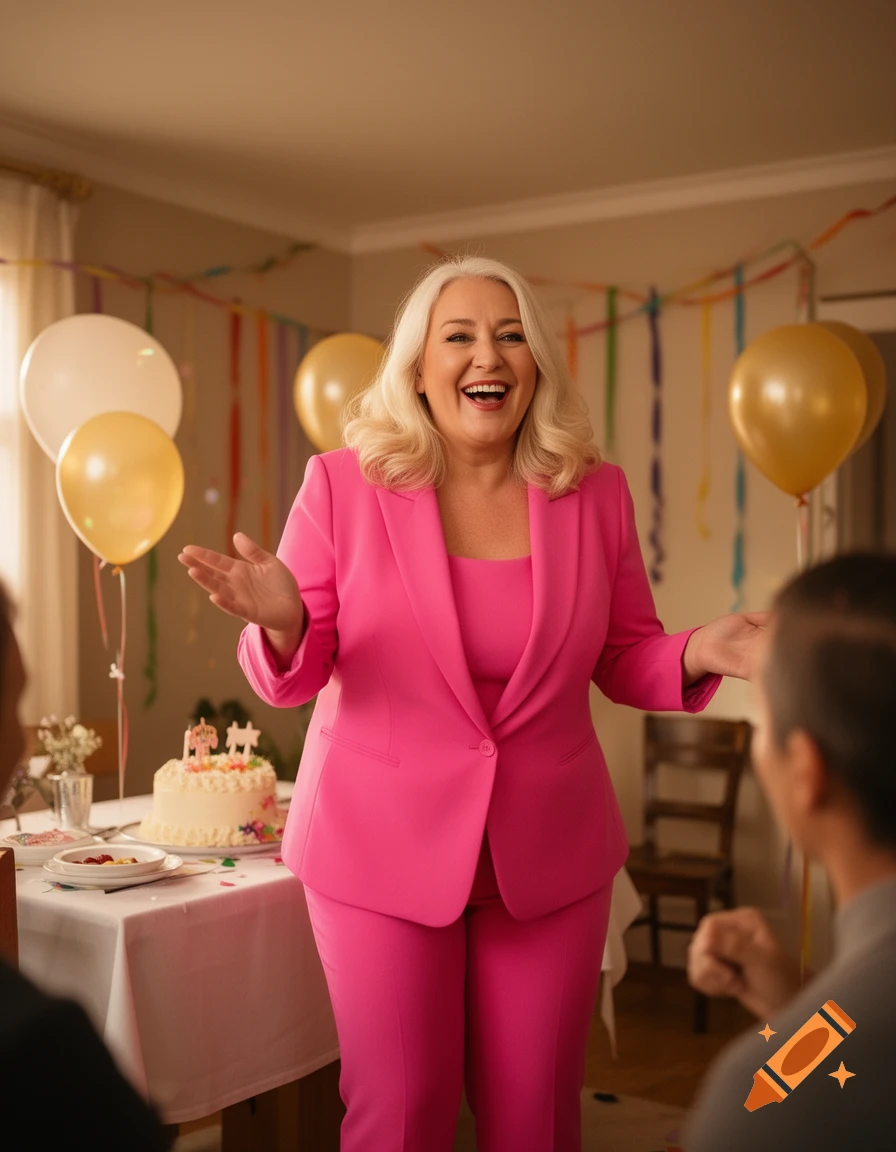 A smiling woman with blonde hair in a pink pantsuit celebrates her birthday in a decorated room with balloons and a cake.