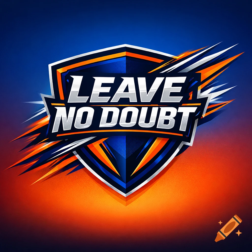 Sporty shield logo with 'LEAVE NO DOUBT' text in white, against a blue and orange gradient background.