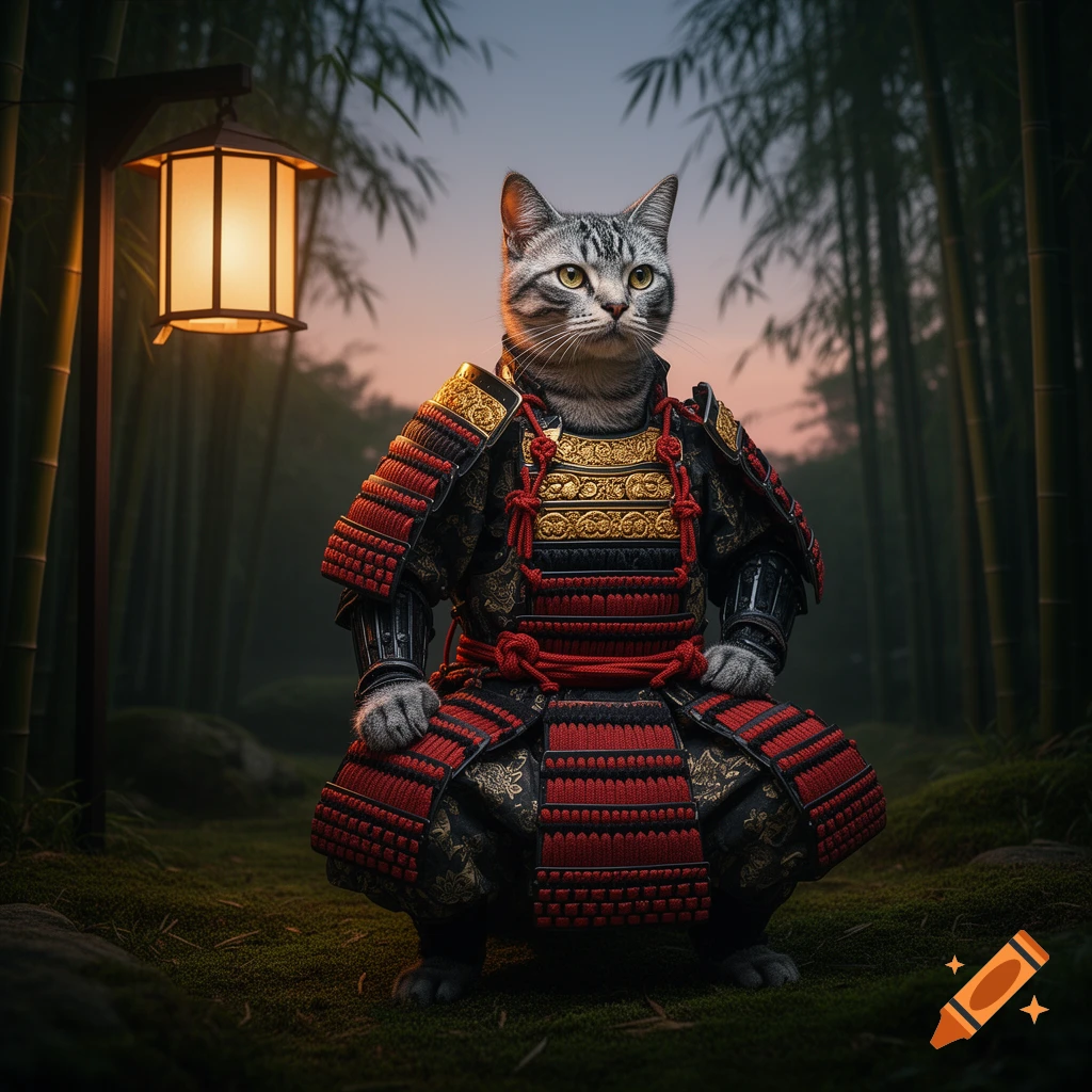 A grey tabby cat wearing elaborate black and red samurai armor, crouching in a bamboo forest with a glowing lantern.