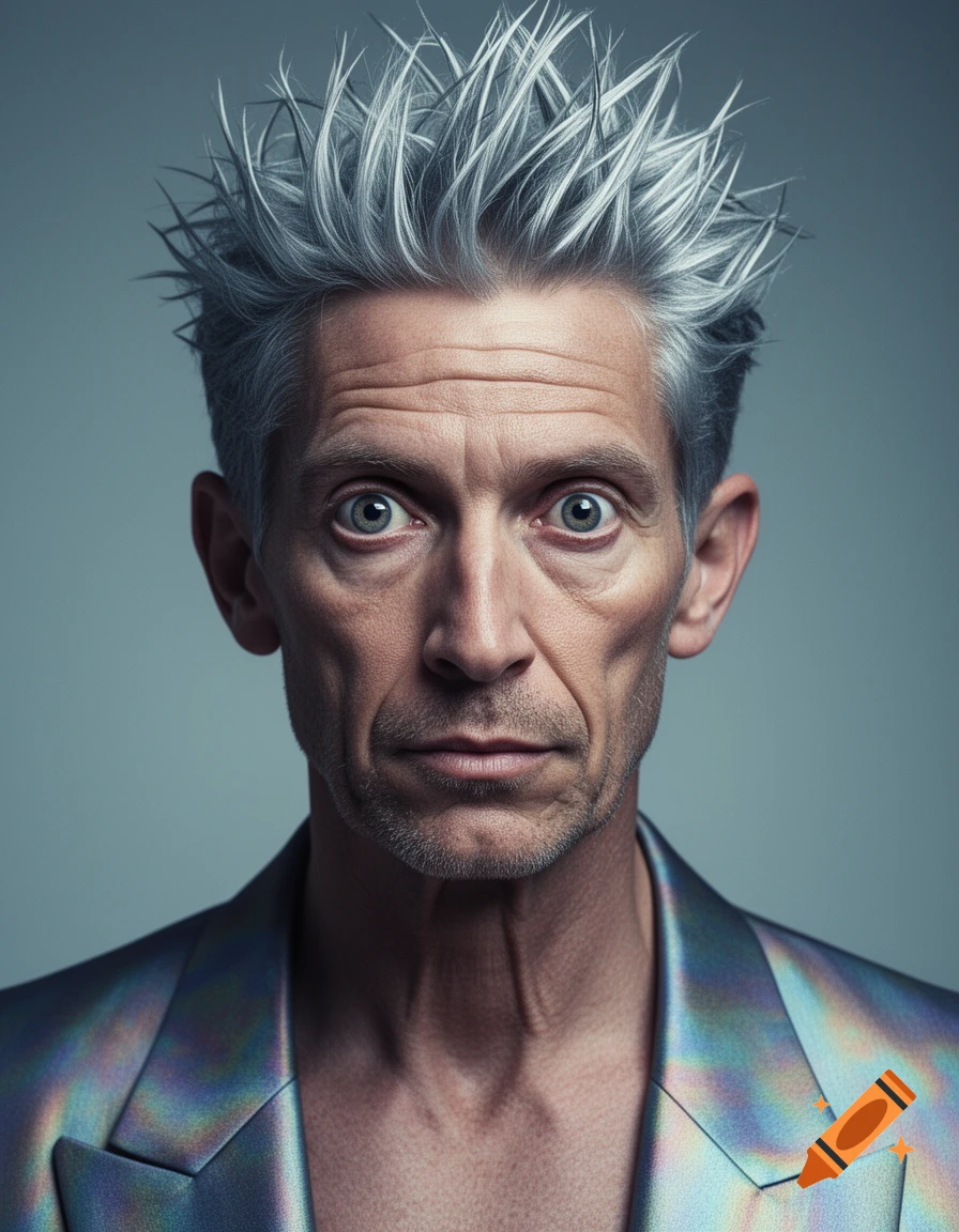 A photorealistic portrait of a gaunt man with spiky grey hair and wide eyes, wearing an iridescent jacket.