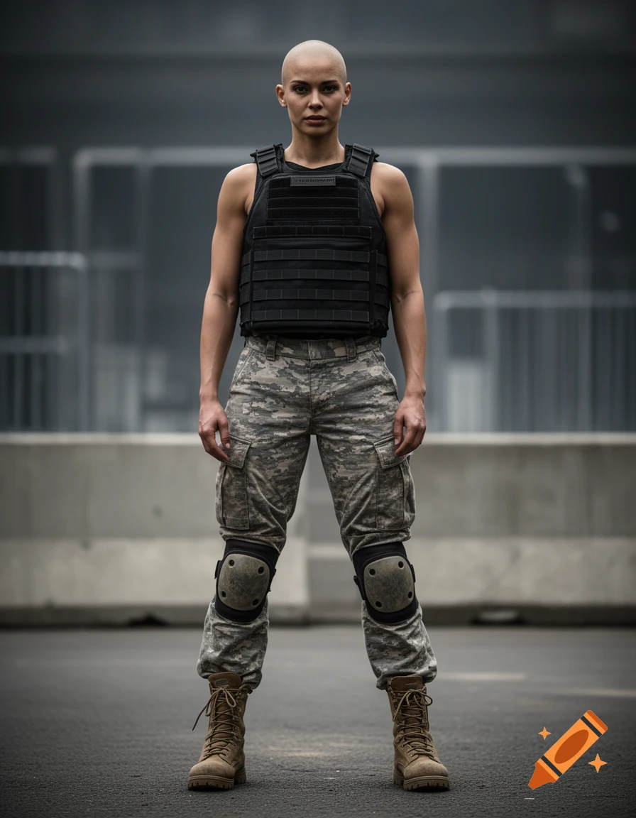 A photorealistic full-body portrait of a muscular, bald woman in a black bulletproof vest, camouflage cargo pants with knee pads, and combat boots, standing outdoors.