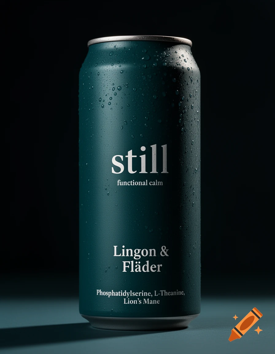 A photorealistic close-up of a deep teal matte beverage can with condensation, labeled 'still functional calm' and 'Lingon & Fläder', against a dark background.