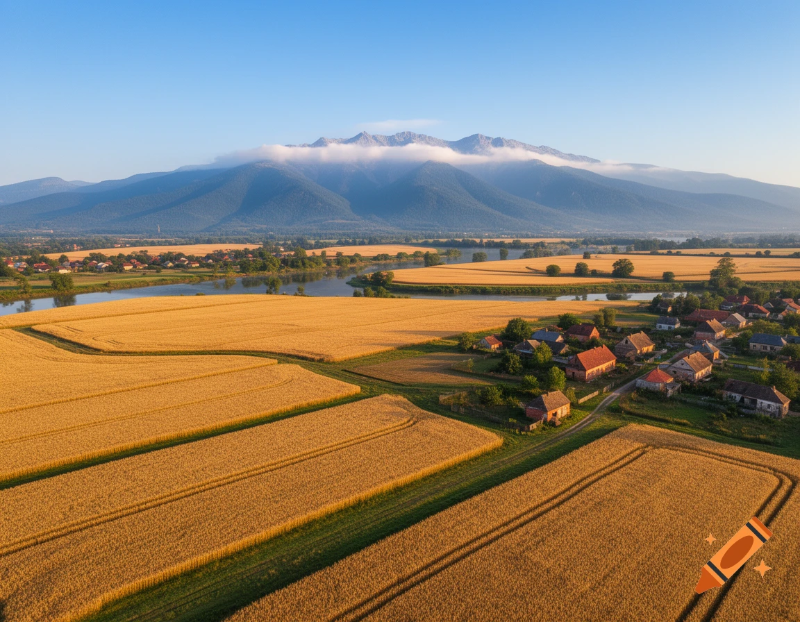 Aerial view of a rural landscape with golden fields, a winding river, a village, and misty mountains under a blue sky.
