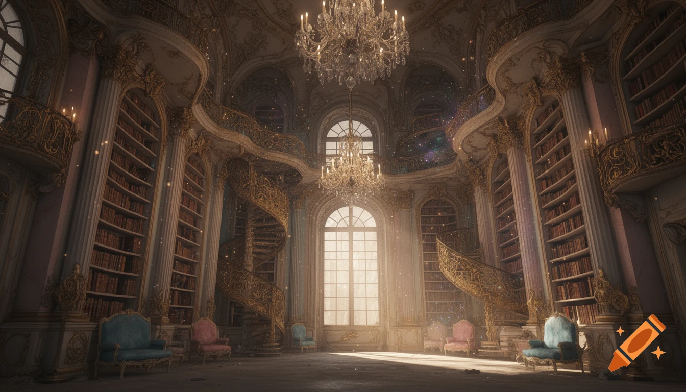 A vast, ornate French Rococo library with towering bookshelves, spiral staircases, crystal chandeliers, and sunbeams.