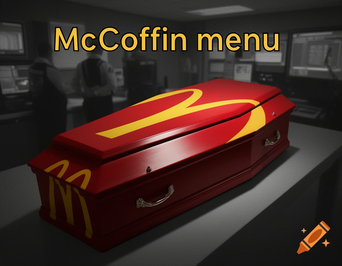A red coffin branded with McDonald's golden arches logo and the text 'McCoffin menu' in a dim, CCTV-style room.