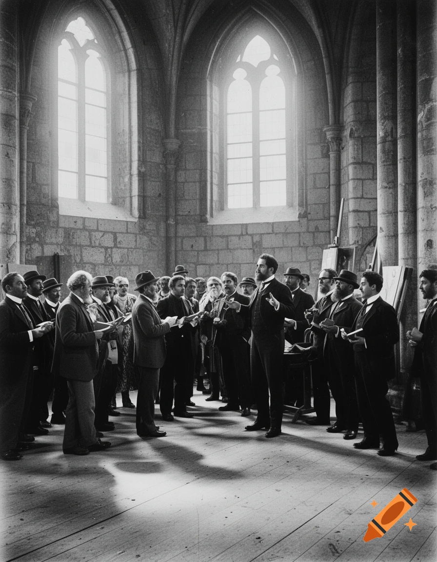 Black and white photo of men in suits and hats gathered in a vast stone hall with arched windows, some holding papers.