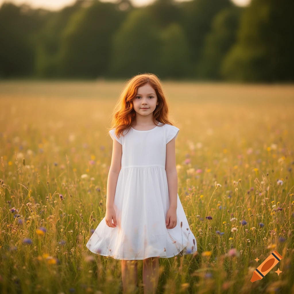 A young girl with red hair in a white dress stands in a sunny field of wildflowers.