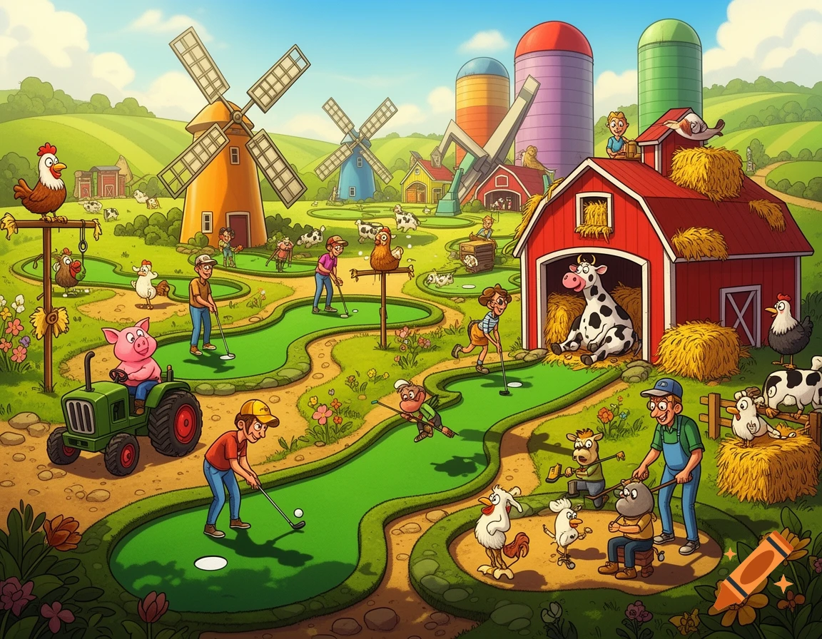 A vibrant cartoon depicting people and farm animals playing mini golf on a sunny farm with windmills and barns.