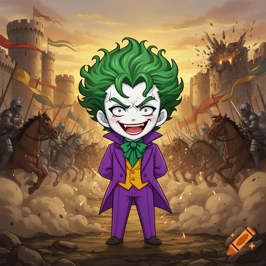 A chibi Joker with green hair and a purple suit stands smiling in front of a medieval castle under attack, with knights on horseback in the background.