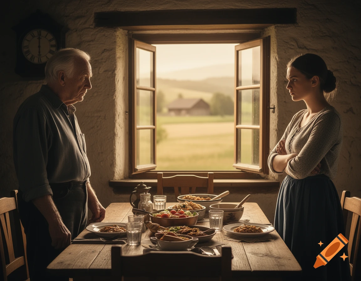 Older man and younger woman stand across a dinner table, looking away in a rustic room with a window view of fields, suggesting conflict.