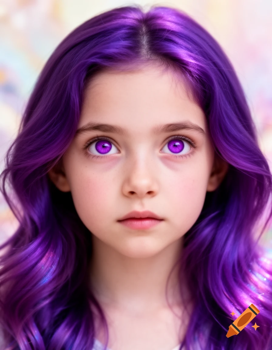 A young girl with long, wavy purple hair and striking purple eyes looks directly at the viewer.