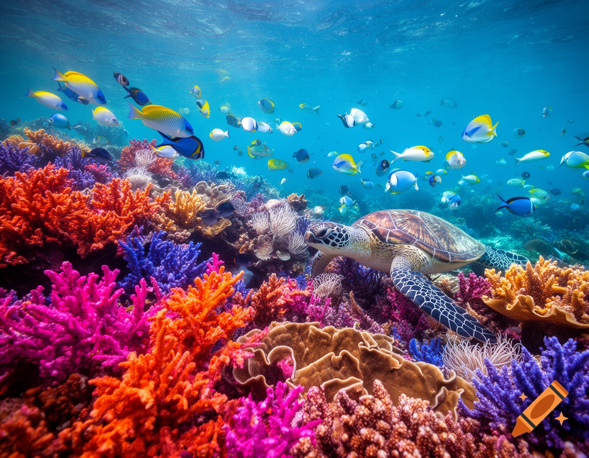 A sea turtle swims over a vibrant coral reef teeming with colorful fish under clear blue water.