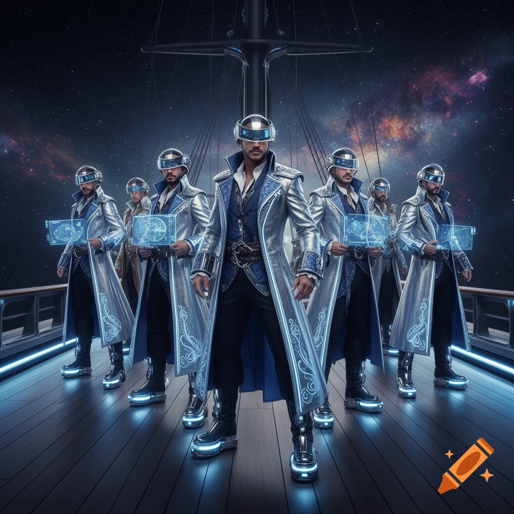Men in elegant futuristic silver and blue pirate costumes with glowing details stand on a ship deck in space, holding holographic screens.