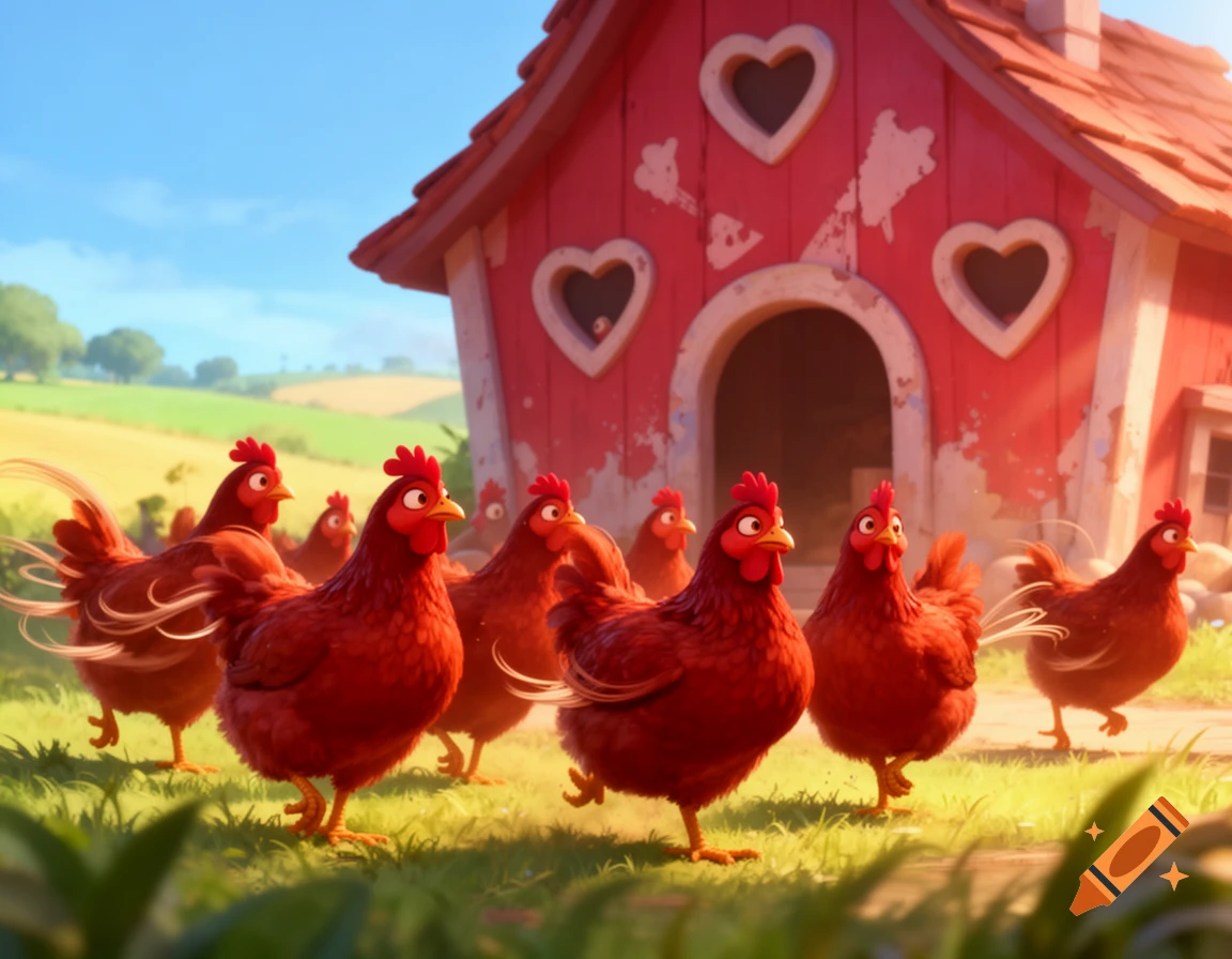 Pixar-style animated Rhode Island Red chickens gather in front of a red hen house with heart-shaped windows on a sunny farm.