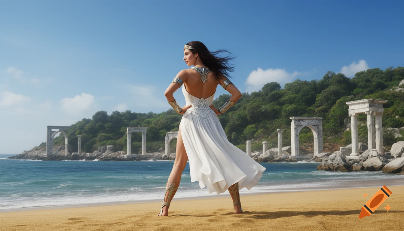 A photorealistic image of a woman in a white gown and armor, resembling Diana of Themyscira, standing on a golden beach with ancient ruins and lush greenery in the background.