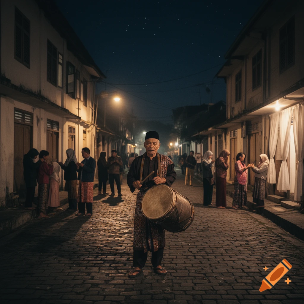 Elderly man in traditional attire holding a drum on a cobblestone street at night, with people and buildings in the background.