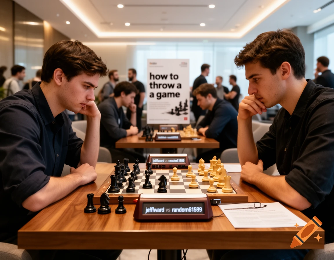 Two men sit across a chess board, deep in thought during a game, with spectators and a poster in the blurred background. Photorealistic style.