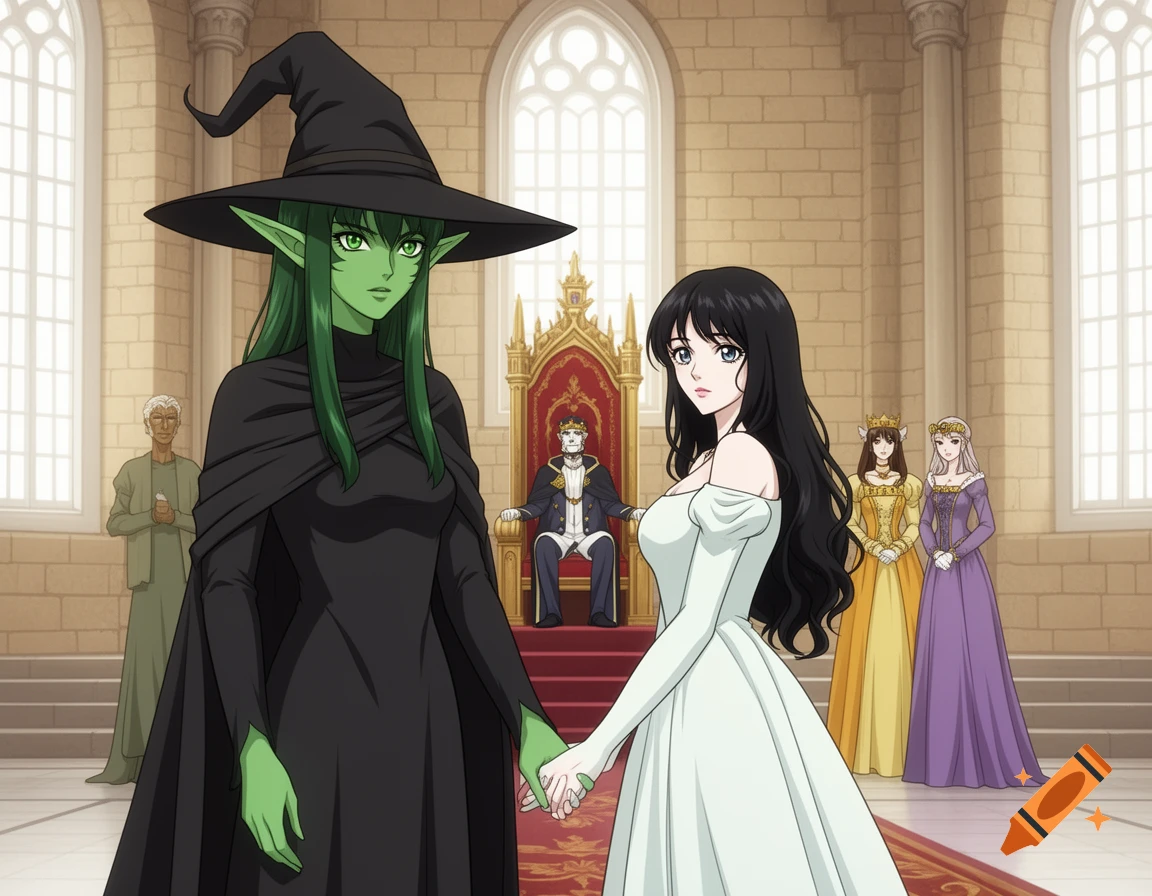 Anime illustration of a green-skinned witch and a dark-haired woman in a white dress holding hands in a royal castle throne room.