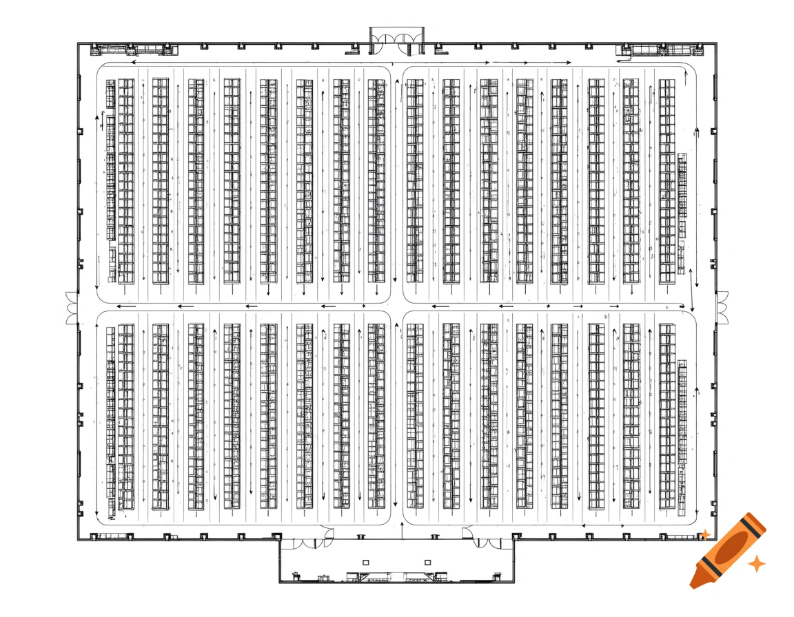 A black and white 2D floor plan of a warehouse with aisles, shelves, and directional arrows.
