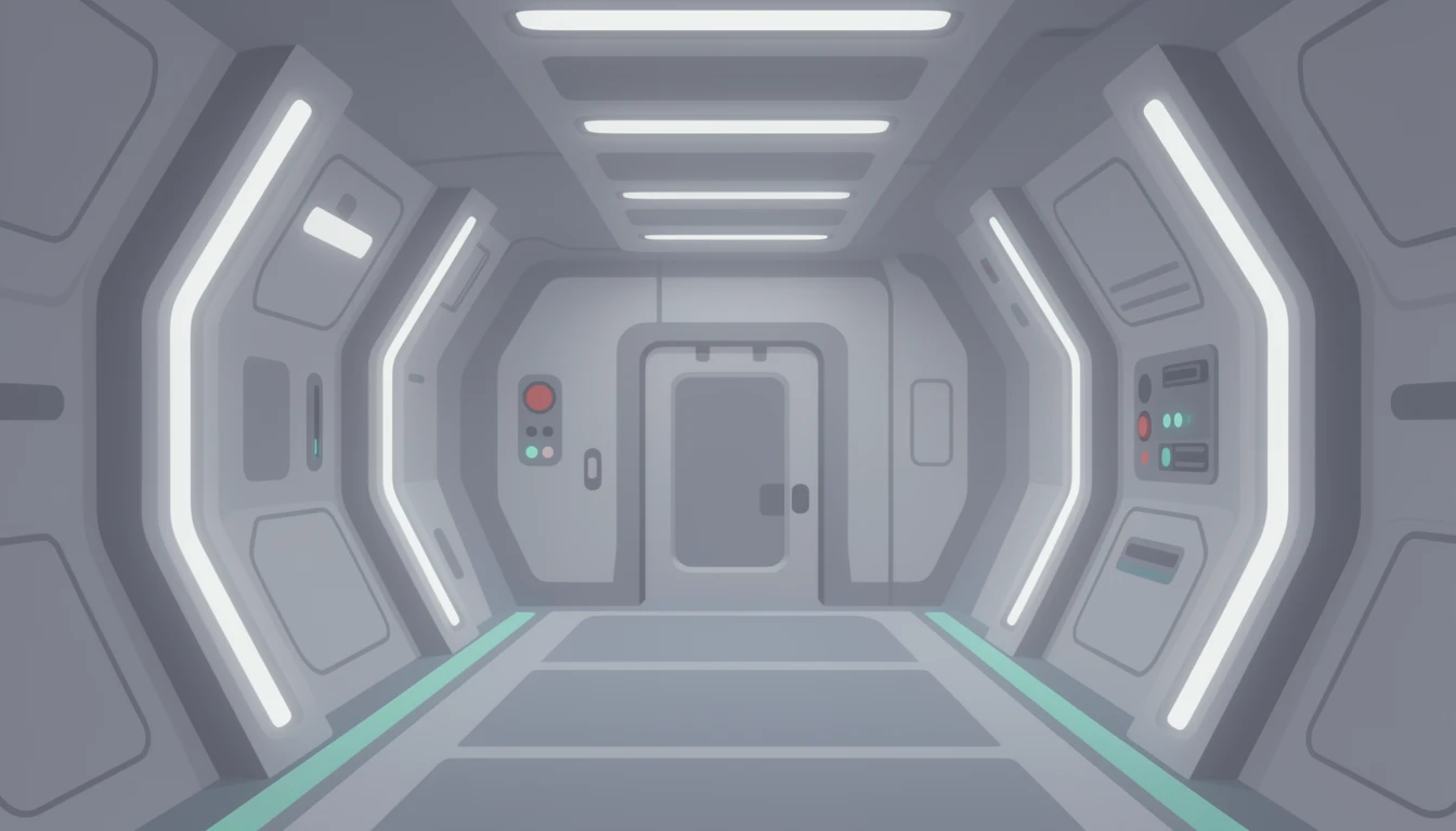 contemporary 2D stock illustration, clean simplified natural forms, flat color areas with gentle soft gradient shading, rounded believable proportions, restrained detail, no outer outlines, no texture or grain, non-photorealistic. A friendly sci-fi spaceship corridor with smooth wall panels, soft light strips, a door at the far end, and a few simple control details. Palette-disciplined colors with cool neutrals and one luminous accent color. Keep the middle area visually uncluttered with simple forms and open space behind layered foreground subjects. No characters, no readable text.