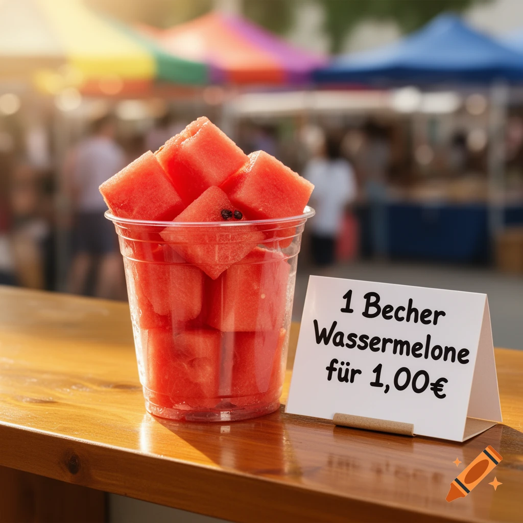 Plastic cup filled with watermelon cubes on a wooden table next to a price sign at an outdoor market.