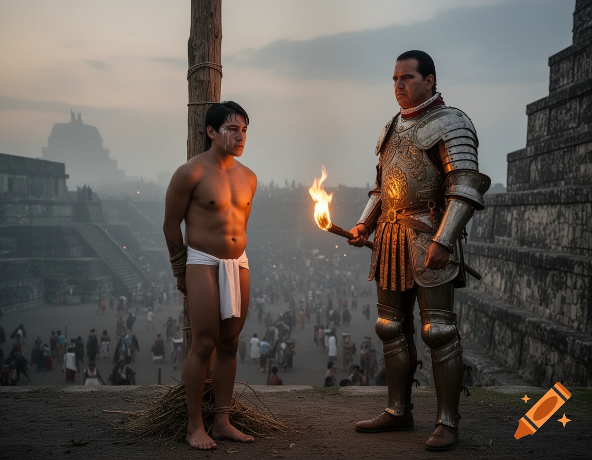An Aztec man tied to a stake while a Spanish conquistador in armor stands nearby, holding a torch, in a hazy outdoor scene with ancient structures and a crowd.