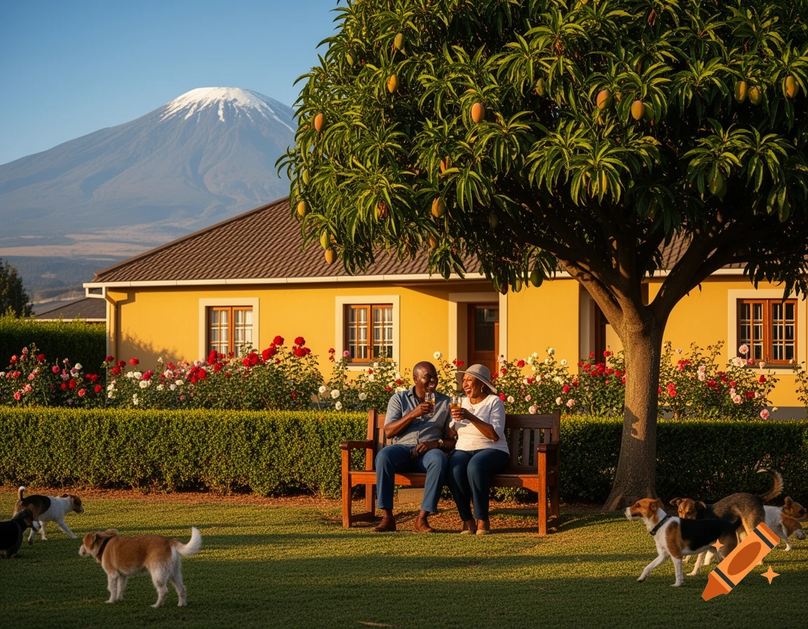An African couple sits on a bench in a vibrant garden, drinking under a mango tree. Dogs roam on the lawn, with a yellow bungalow and a snow-capped mountain in the background.