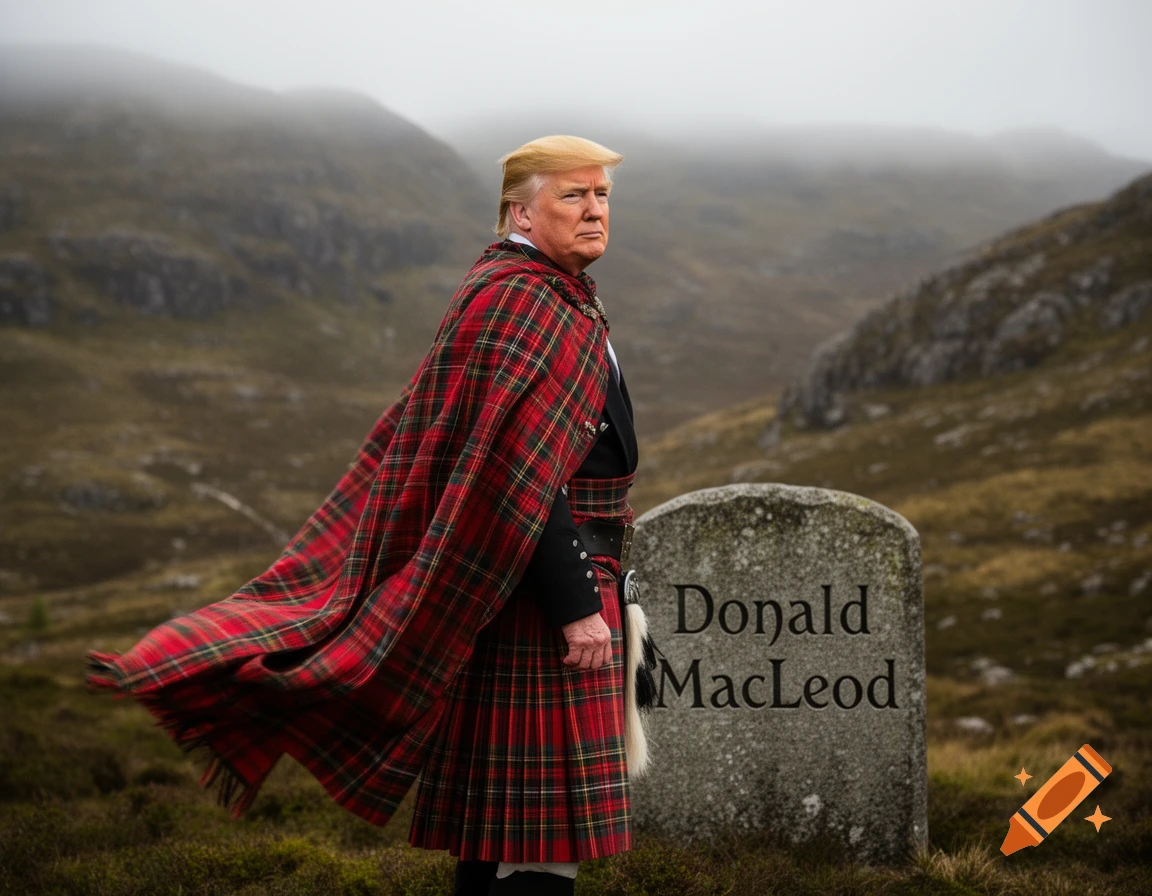 Donald Trump in a red tartan kilt and cape stands by a tombstone reading 'Donald MacLeod' in a misty Scottish landscape.