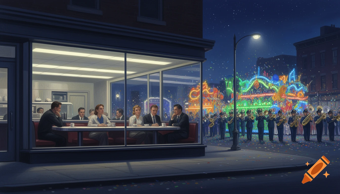 Painterly night scene of a diner with four people watching a vibrant, illuminated street parade with a marching band and confetti.