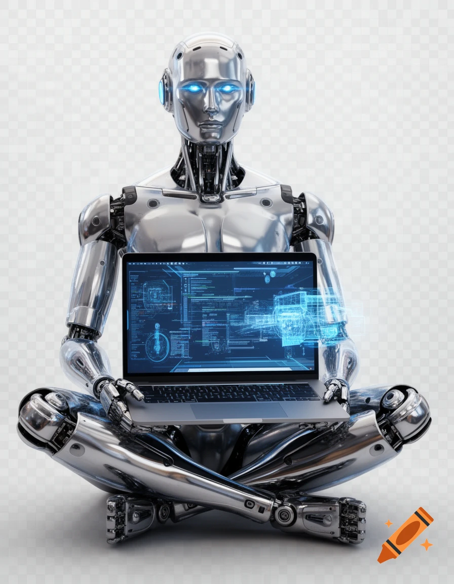 A silver, chrome-plated futuristic robot with glowing blue eyes sits cross-legged, using a laptop with holographic data.