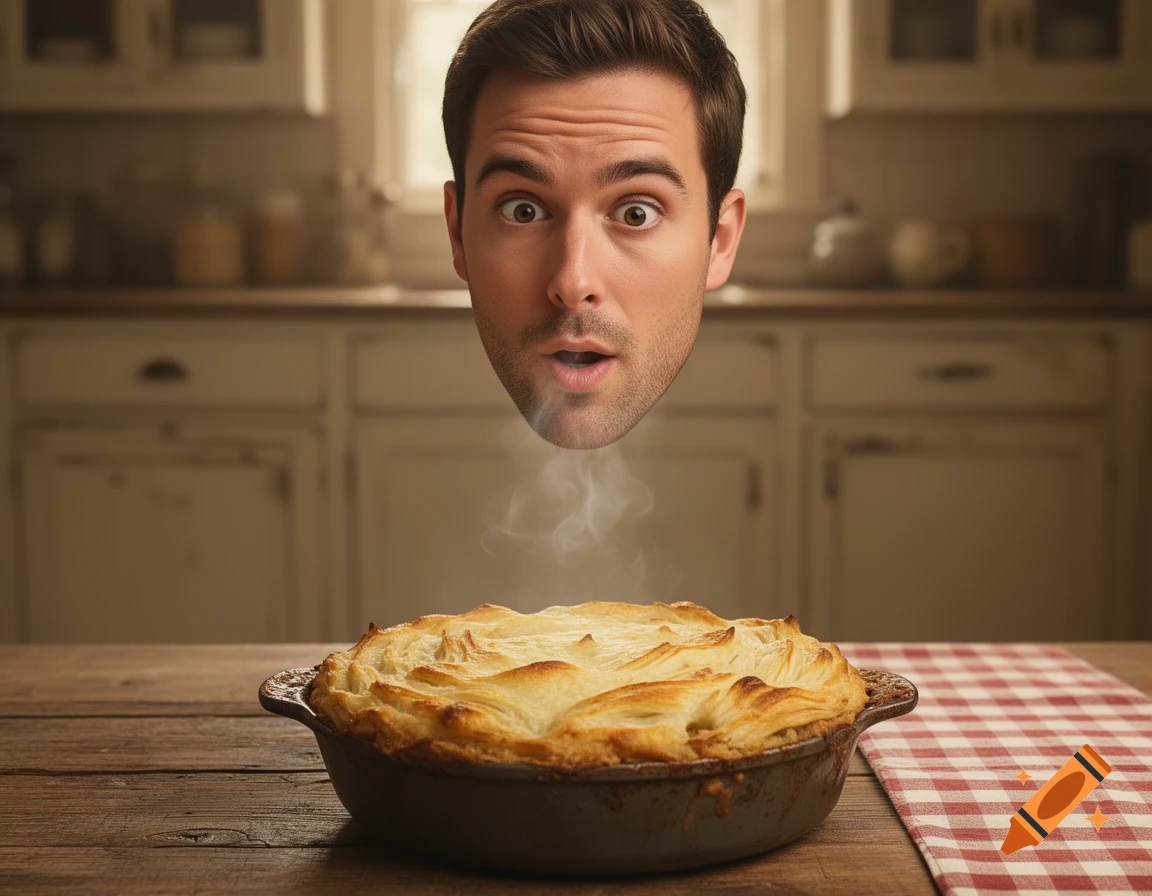 A man's floating head with a surprised expression sniffs steam rising from a shepherd's pie on a kitchen table.
